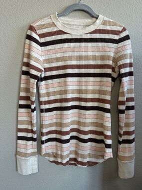 aerie Striped Long Sleeve Tee in Cream, Brown, Pink